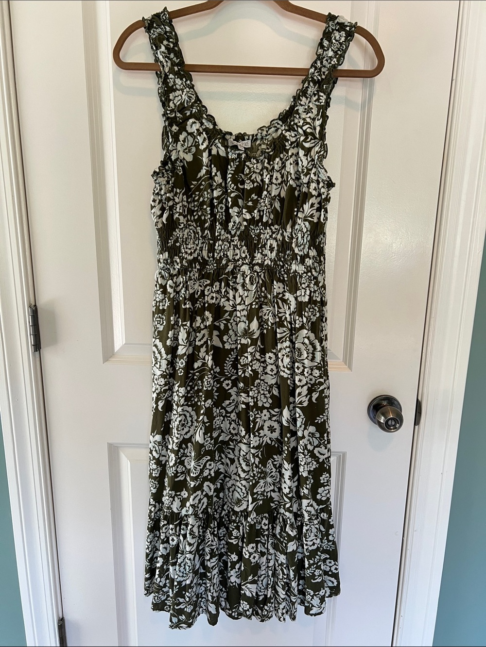 Patrons of Peace Olive Green and White Floral Smocked Midi Dress